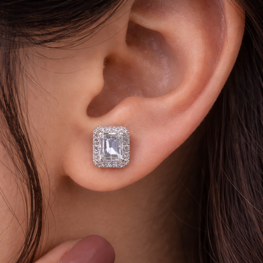 Silver emerald cut halo CZ stud earrings in 925 sterling silver by Eloura Sterling