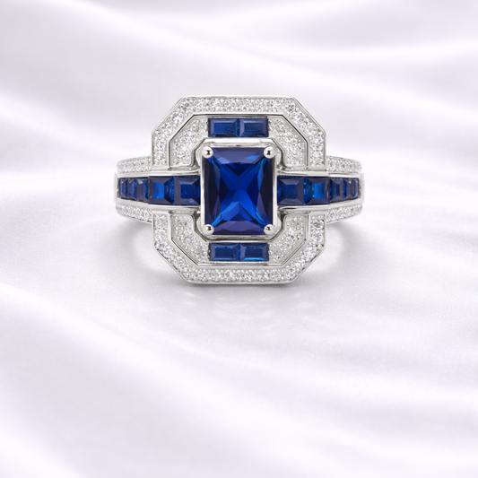 Silver blue sapphire CZ ring in 925 sterling silver with geometric halo design