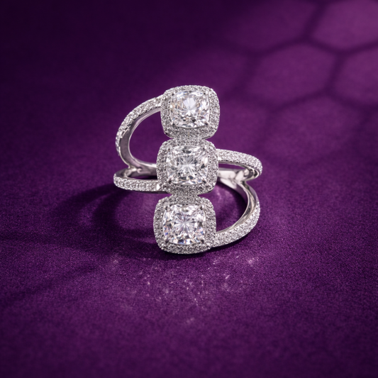 Silver triple cushion CZ ring in 925 sterling silver with halo design