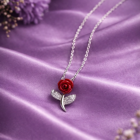 925 sterling silver red rose pendant necklace with cubic zirconia for women