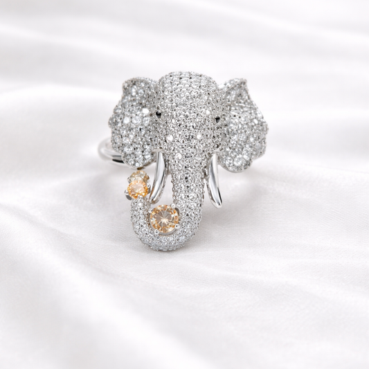 Silver elephant CZ statement ring in 925 sterling silver with pavé design