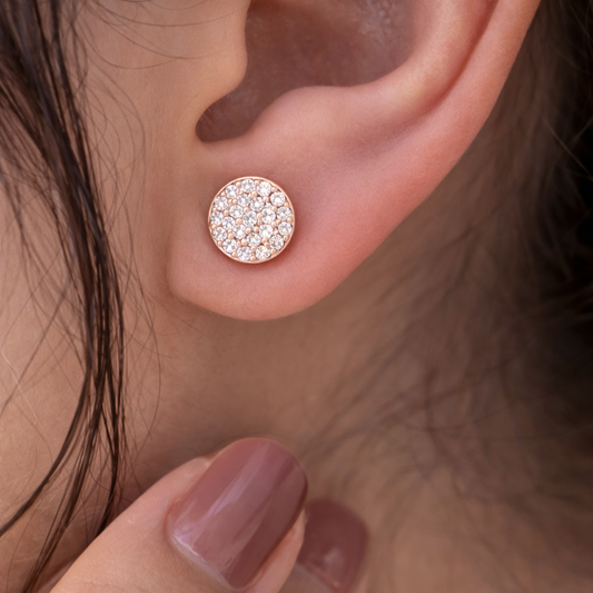 Rose gold pavé disc CZ stud earrings in 925 sterling silver