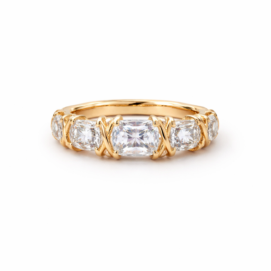Silver gold cushion CZ ring in 925 sterling silver with side stones