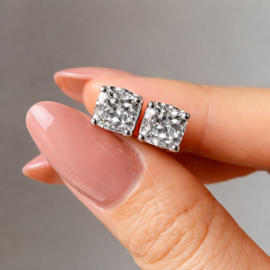 Silver princess cut square CZ stud earrings in 925 sterling silver