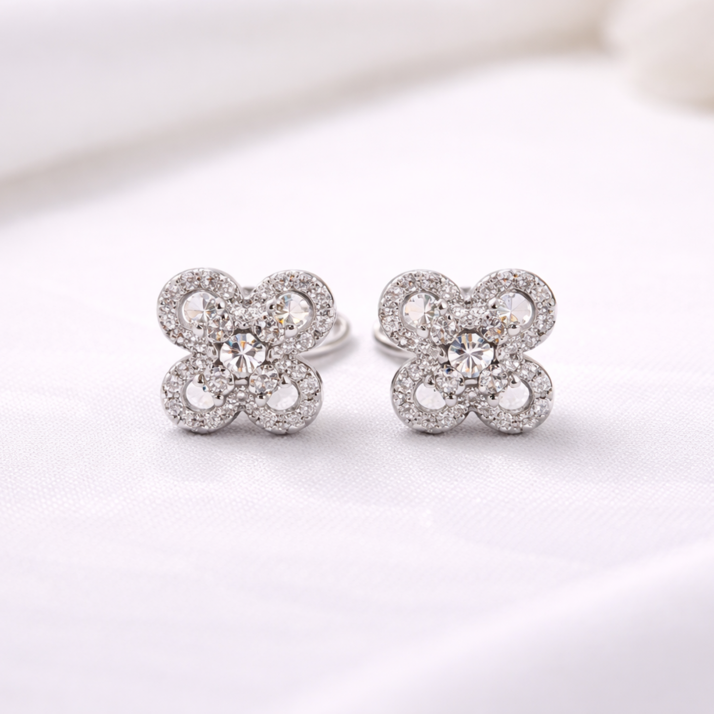 Silver floral clover CZ stud earrings in 925 sterling silver