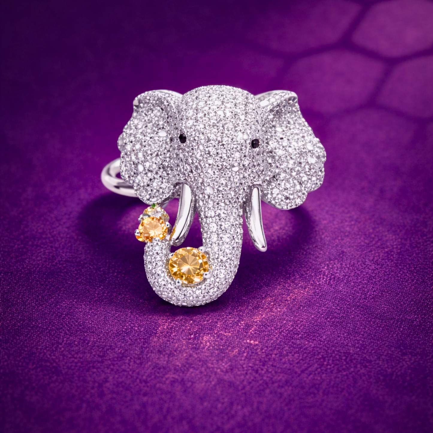 Silver elephant CZ statement ring in 925 sterling silver with pavé design