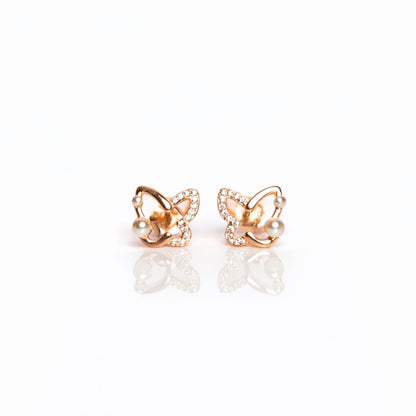 925 sterling silver butterfly stud earrings with pearl and CZ stones in rose gold polish