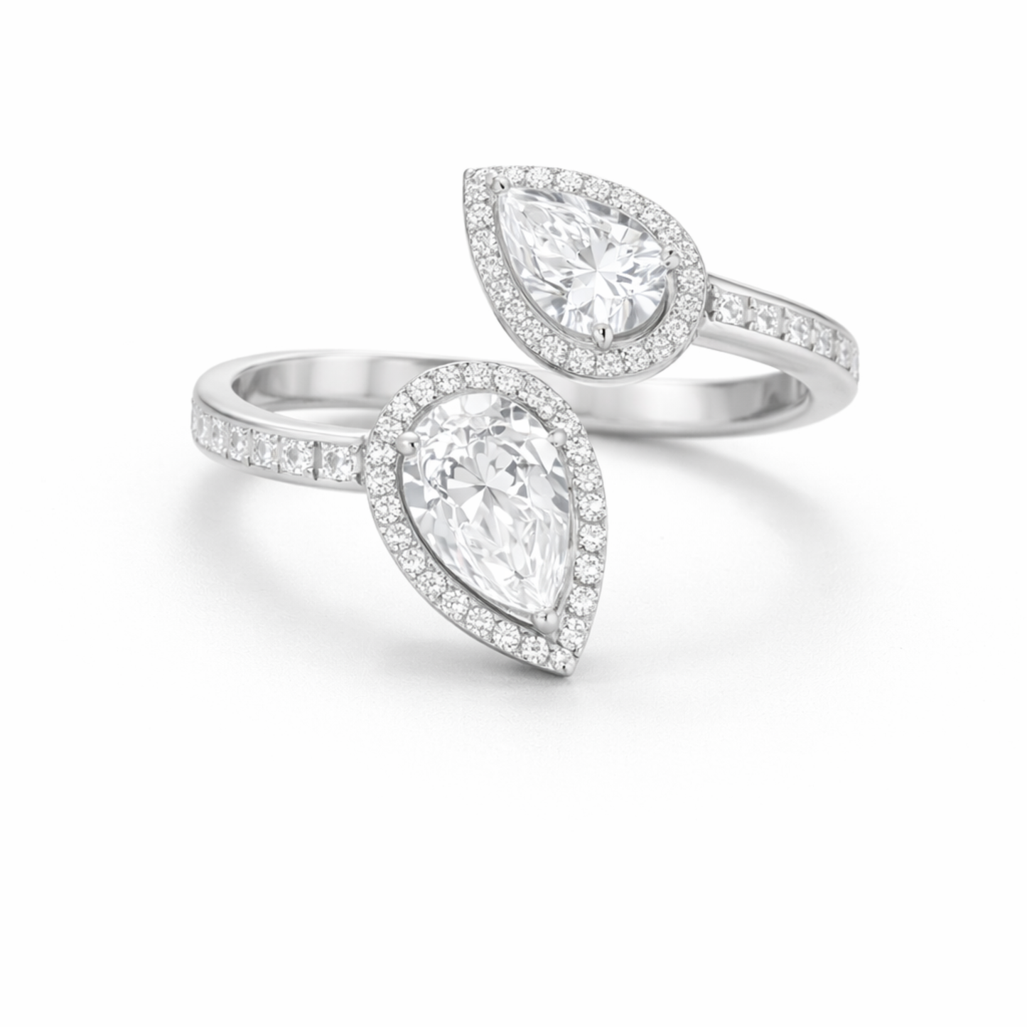 Silver double pear CZ ring in 925 sterling silver with halo design