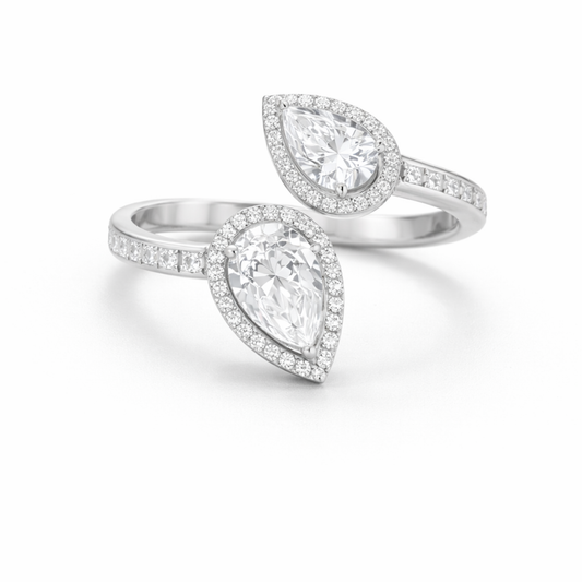 Silver double pear CZ ring in 925 sterling silver with halo design