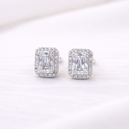 Silver emerald cut halo CZ stud earrings in 925 sterling silver by Eloura Sterling