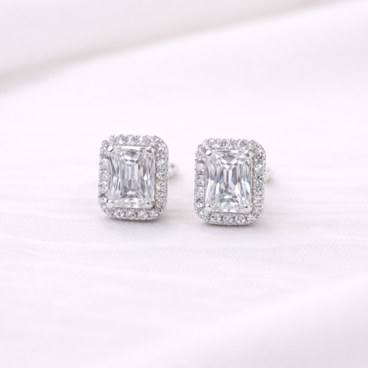 Silver emerald cut halo CZ stud earrings in 925 sterling silver by Eloura Sterling