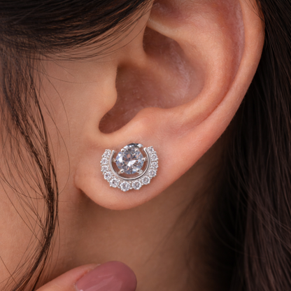 Silver halo round CZ stud earrings in 925 sterling silver