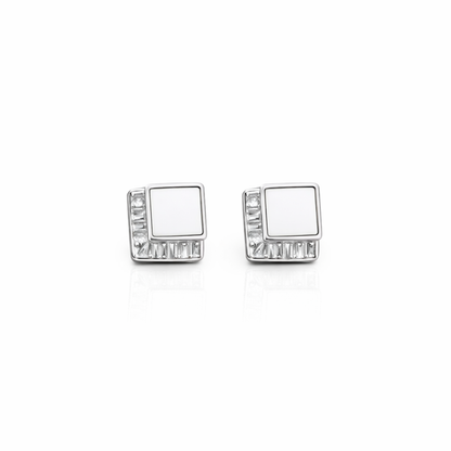 Silver modern square frame stud earrings in 925 sterling silver
