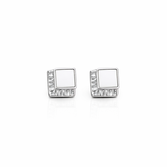 Silver modern square frame stud earrings in 925 sterling silver