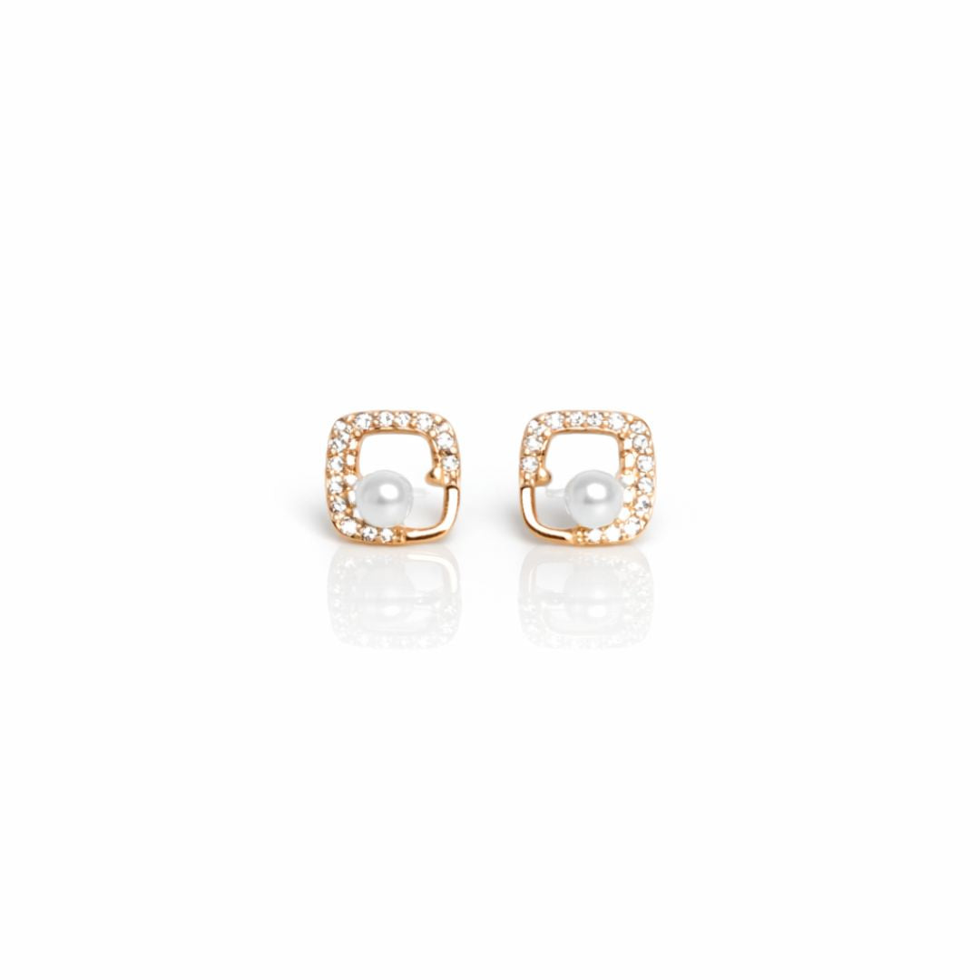 925 sterling silver square pearl stud earrings with CZ frame in rose gold polish
