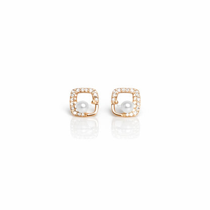 925 sterling silver square pearl stud earrings with CZ frame in rose gold polish