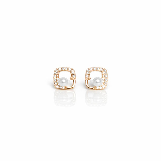 925 sterling silver square pearl stud earrings with CZ frame in rose gold polish