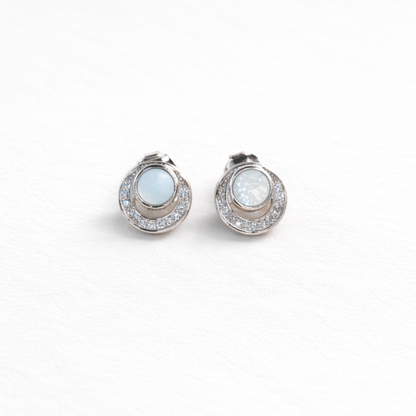 Silver opal halo CZ stud earrings in 925 sterling silver by Eloura Sterling
