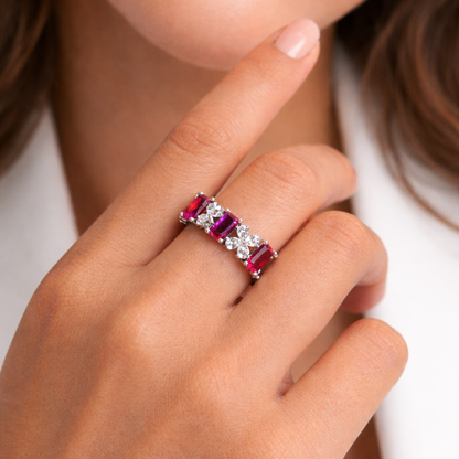 Silver ruby CZ ring in 925 sterling silver with red and white stones for women