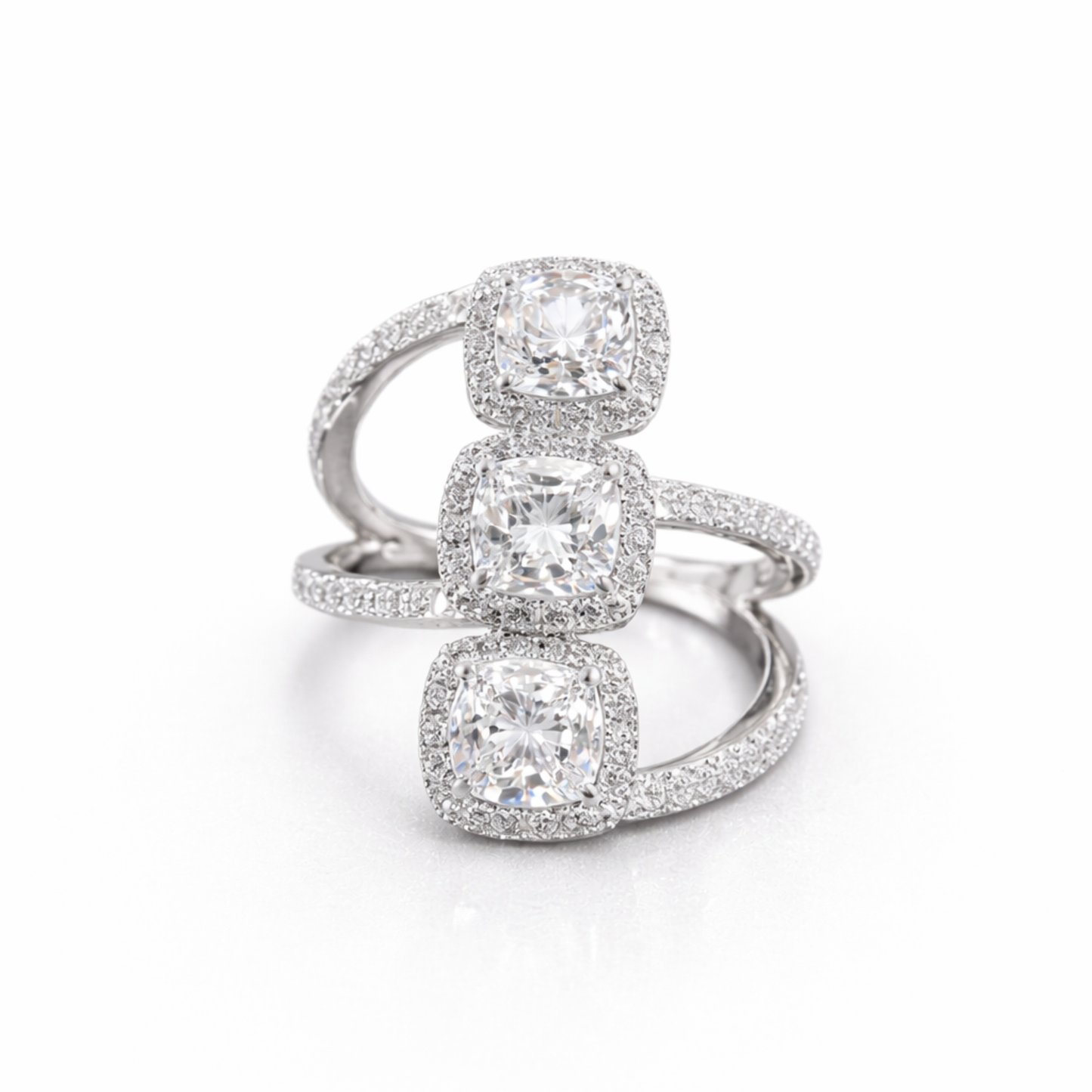 Silver triple cushion CZ ring in 925 sterling silver with halo design
