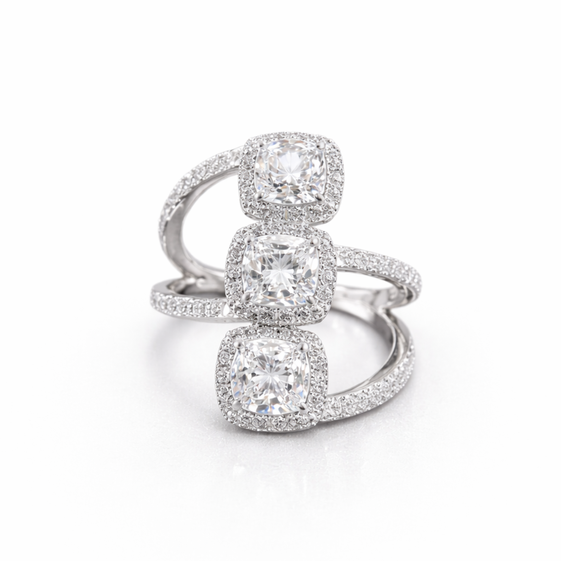 Silver triple cushion CZ ring in 925 sterling silver with halo design