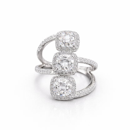 Silver triple cushion CZ ring in 925 sterling silver with halo design