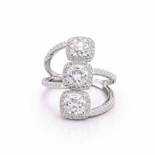 Silver triple cushion CZ ring in 925 sterling silver with halo design