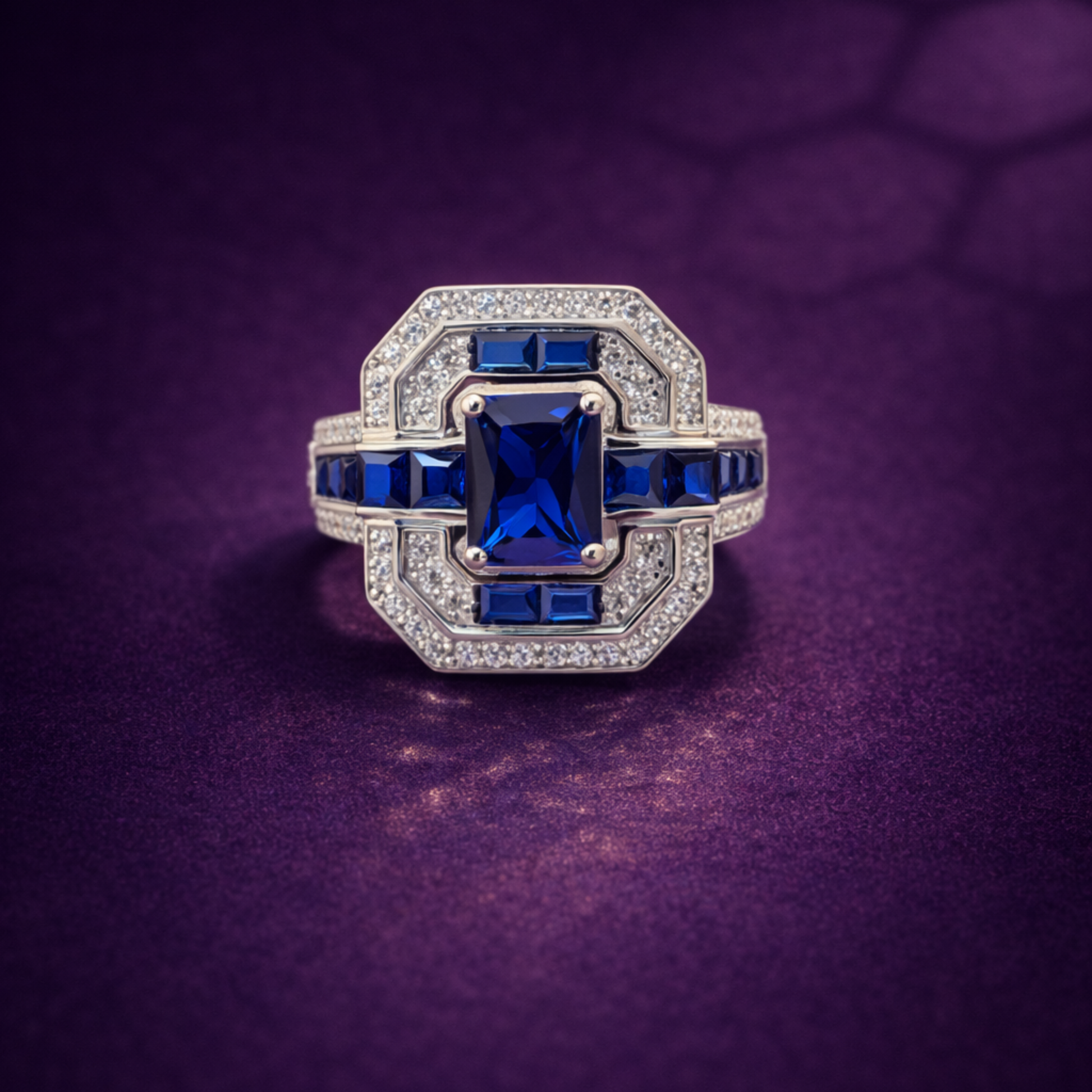 Silver blue sapphire CZ ring in 925 sterling silver with geometric halo design