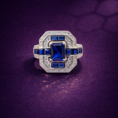 Silver blue sapphire CZ ring in 925 sterling silver with geometric halo design