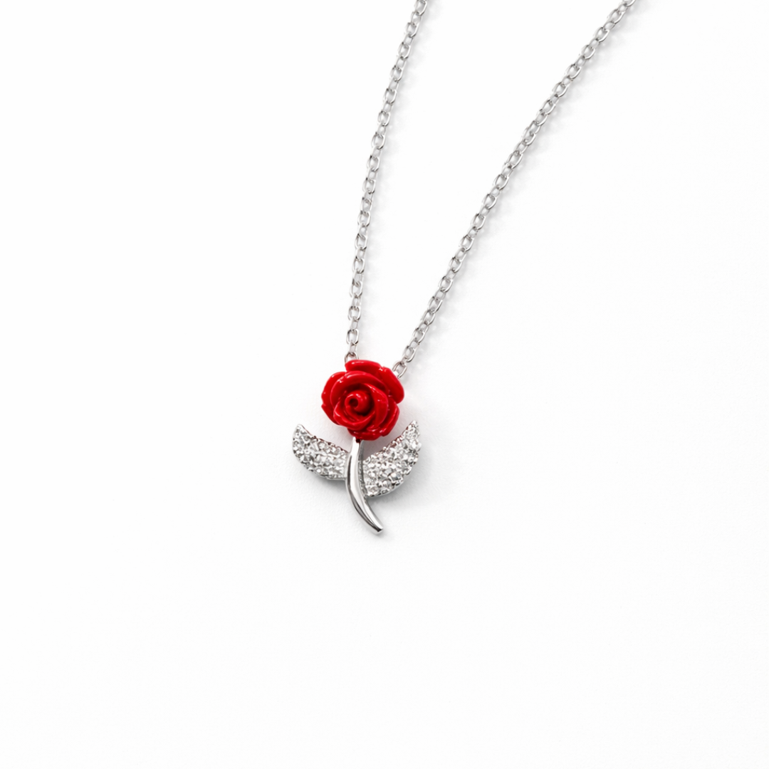 925 sterling silver red rose pendant necklace with cubic zirconia for women
