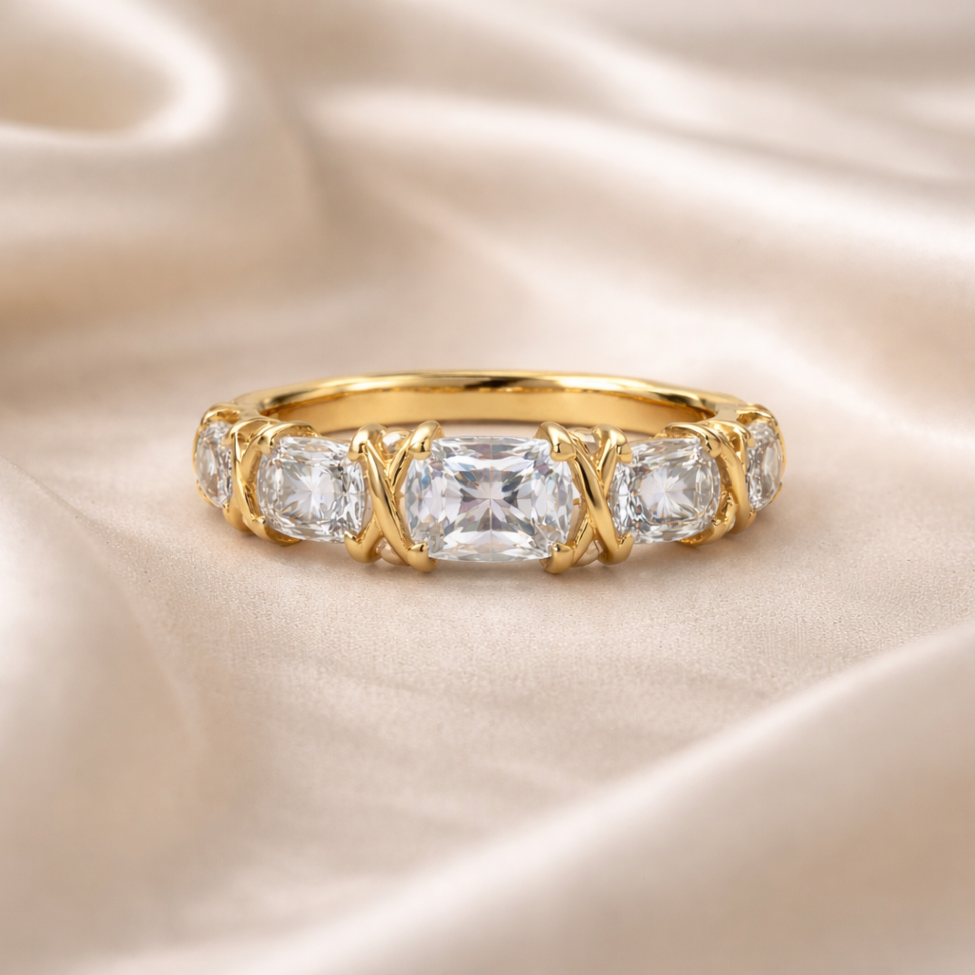 Silver gold cushion CZ ring in 925 sterling silver with side stones