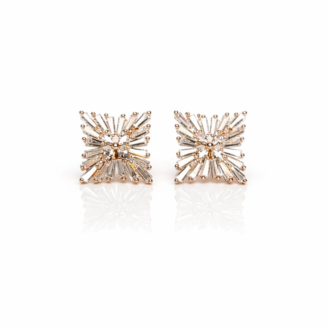 925 sterling silver square starburst CZ stud earrings with rose gold polish