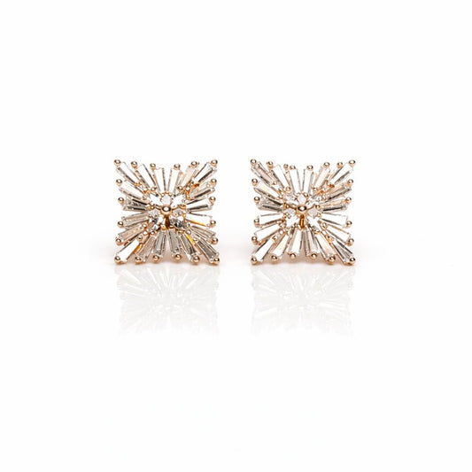 925 sterling silver square starburst CZ stud earrings with rose gold polish