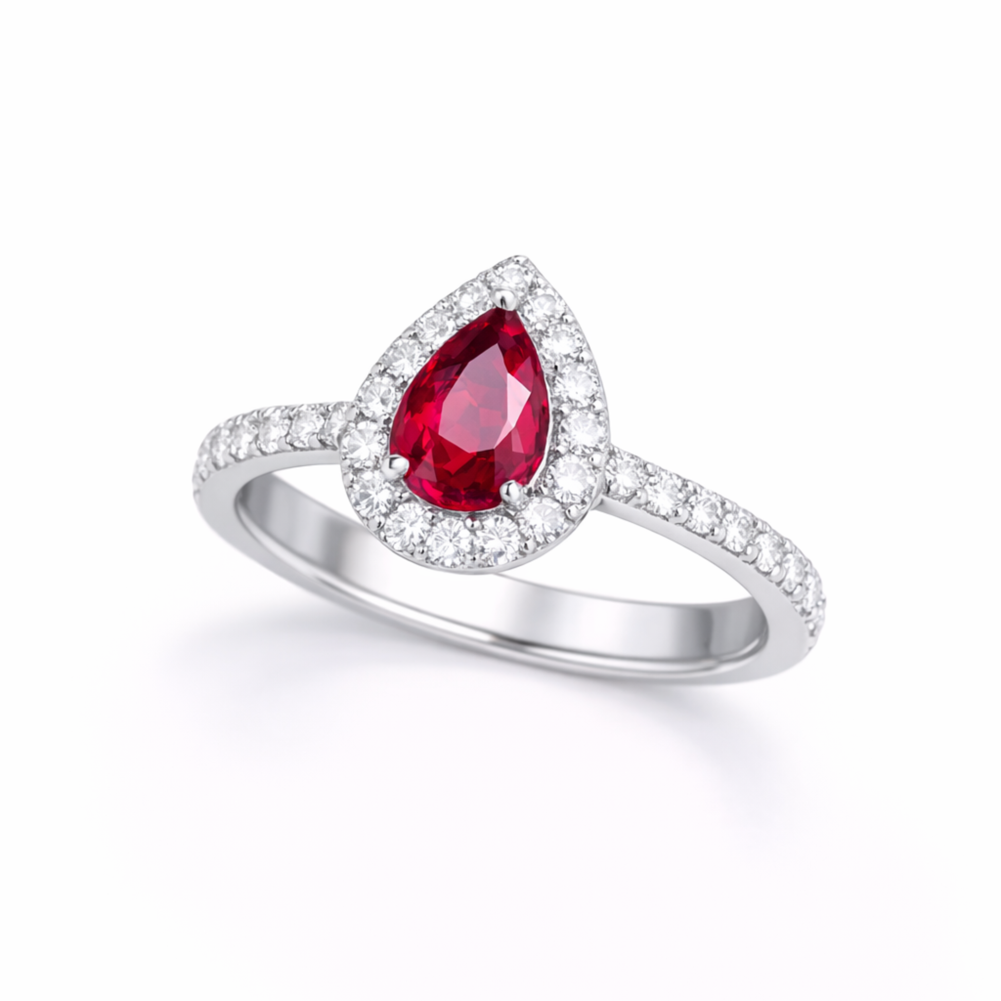 Silver pear ruby CZ ring in 925 sterling silver with halo design for women