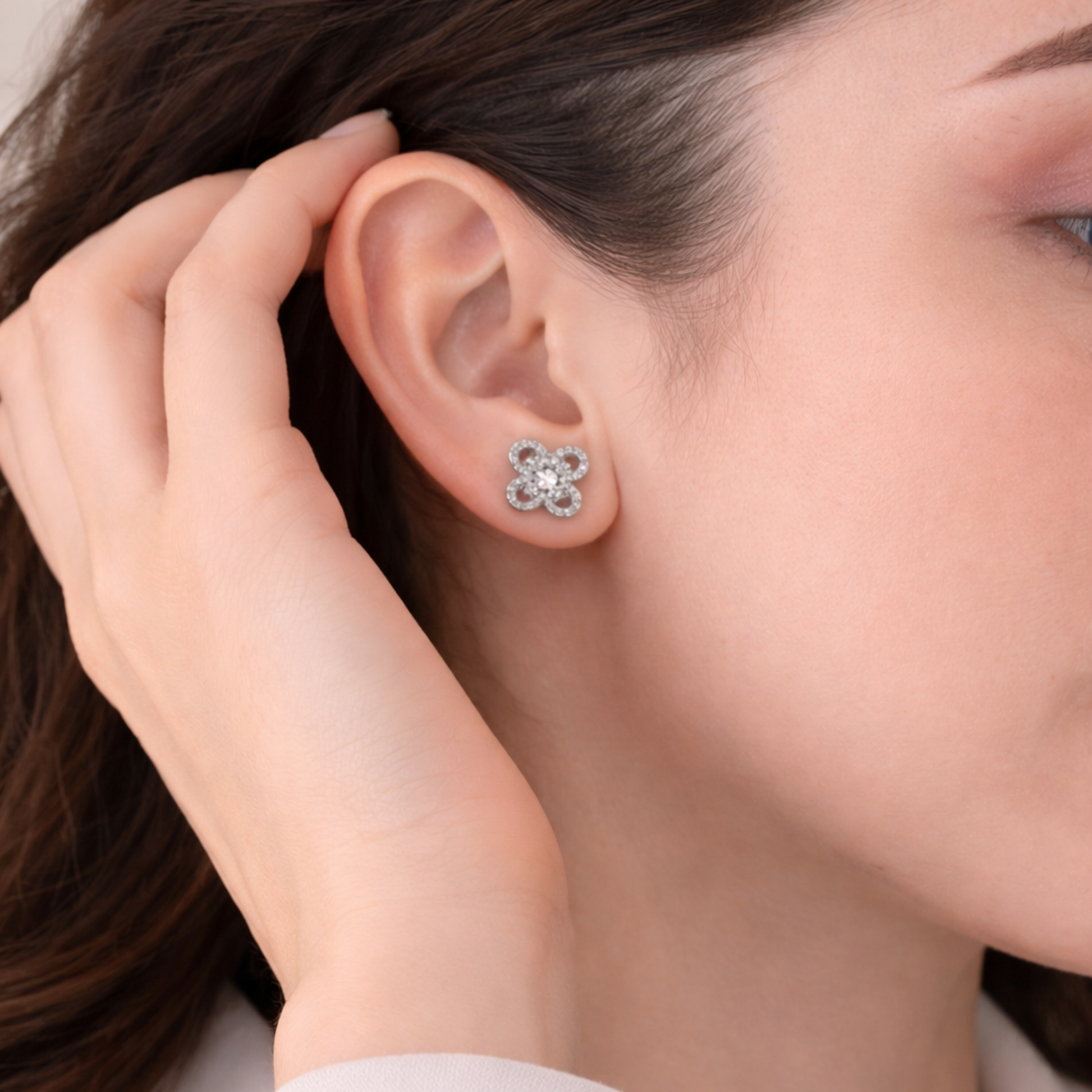 Silver floral clover CZ stud earrings in 925 sterling silver