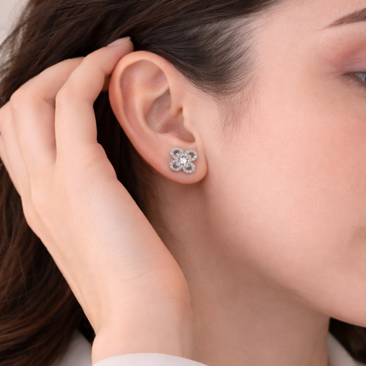 Silver floral clover CZ stud earrings in 925 sterling silver