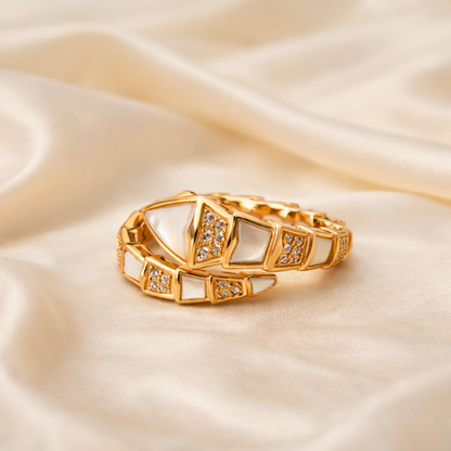 Silver gold geometric statement ring in 925 sterling silver with white inlay design