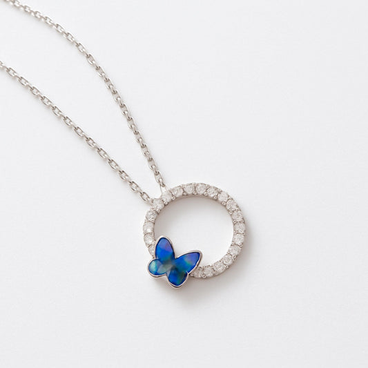 Blue Butterfly Halo 925 Sterling Silver Necklace for Women