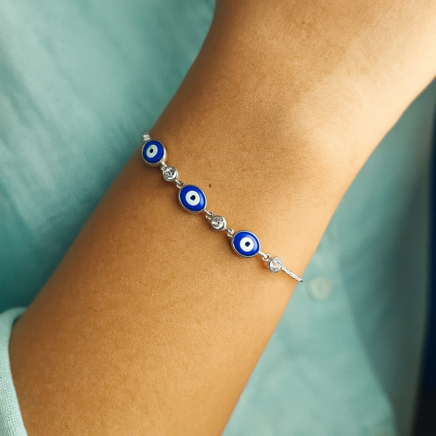 Azure Evil Eye Bracelet 925 Sterling Silver Blue Charm - Eloura Sterling
