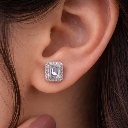 Silver emerald cut halo CZ stud earrings in 925 sterling silver by Eloura Sterling