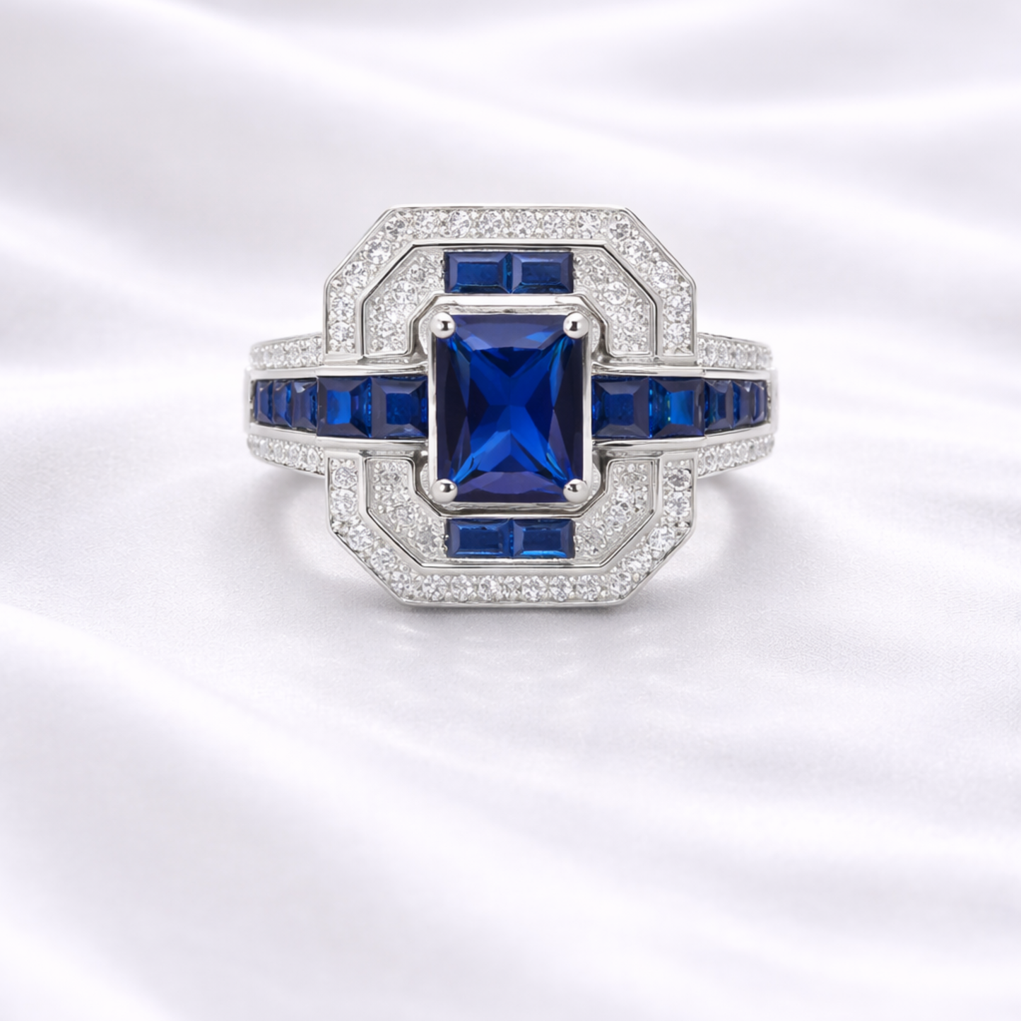 Silver blue sapphire CZ ring in 925 sterling silver with geometric halo design