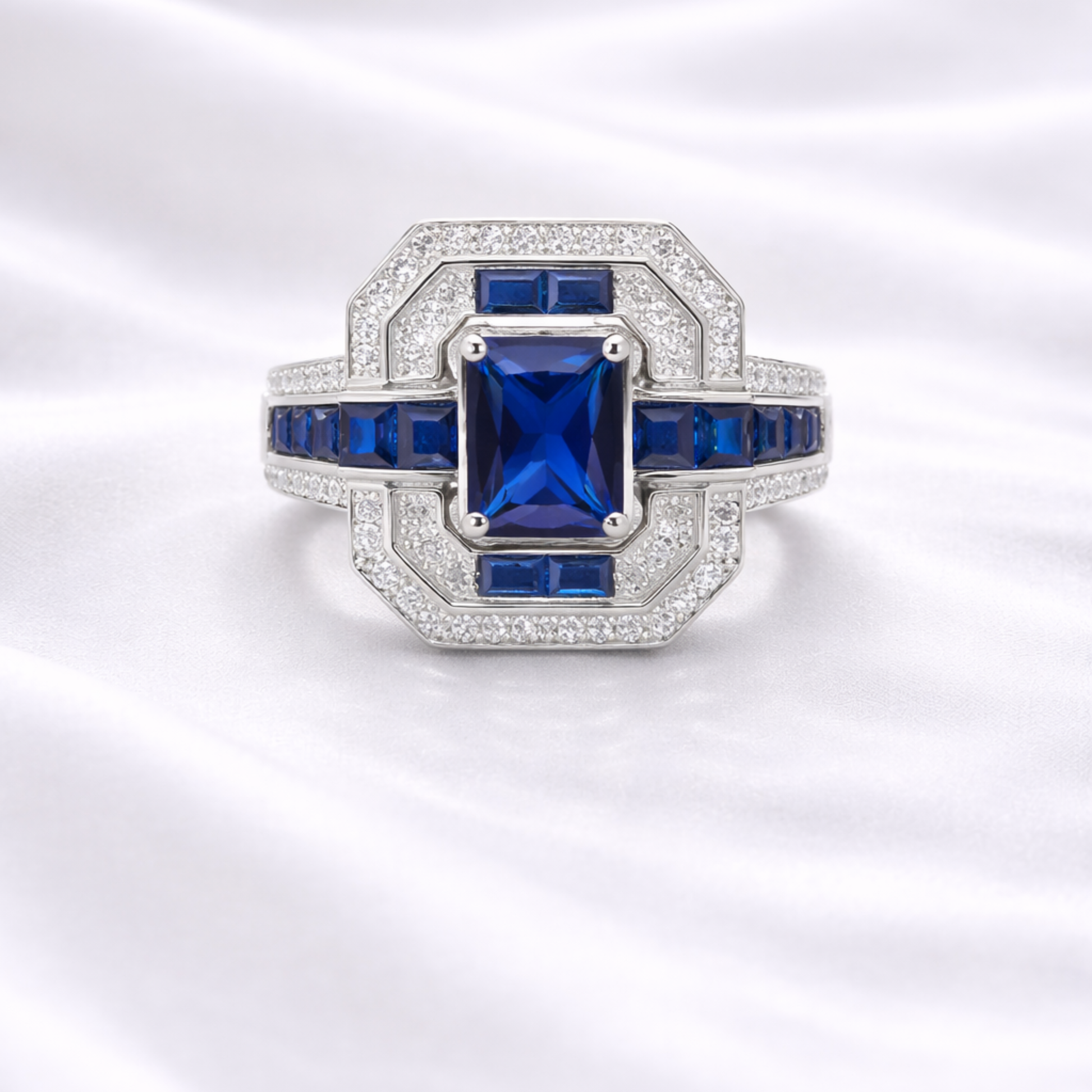 Silver blue sapphire CZ ring in 925 sterling silver with geometric halo design