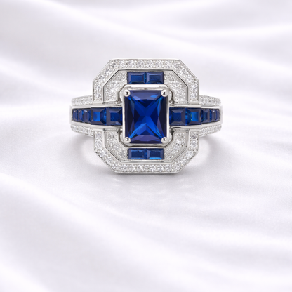 Silver blue sapphire CZ ring in 925 sterling silver with geometric halo design