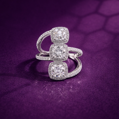 Silver triple cushion CZ ring in 925 sterling silver with halo design