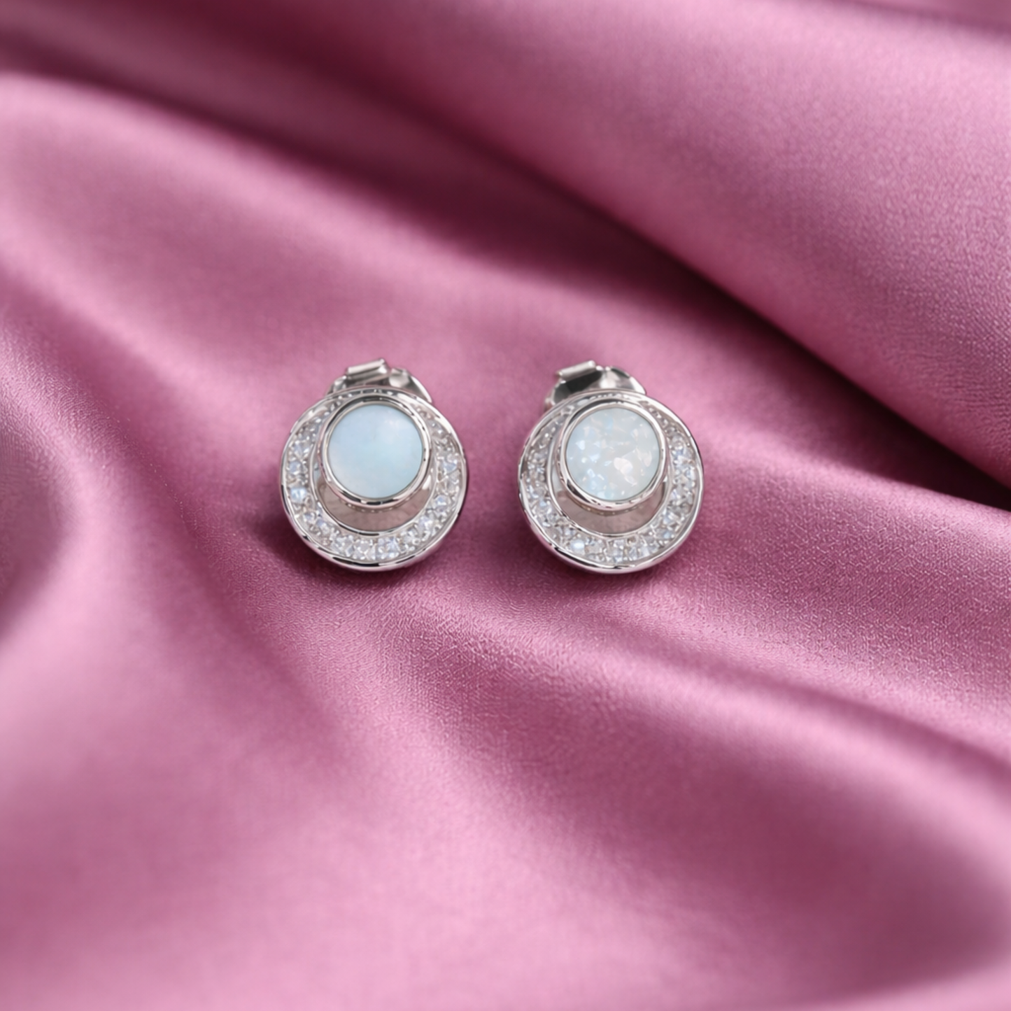 Silver opal halo CZ stud earrings in 925 sterling silver by Eloura Sterling
