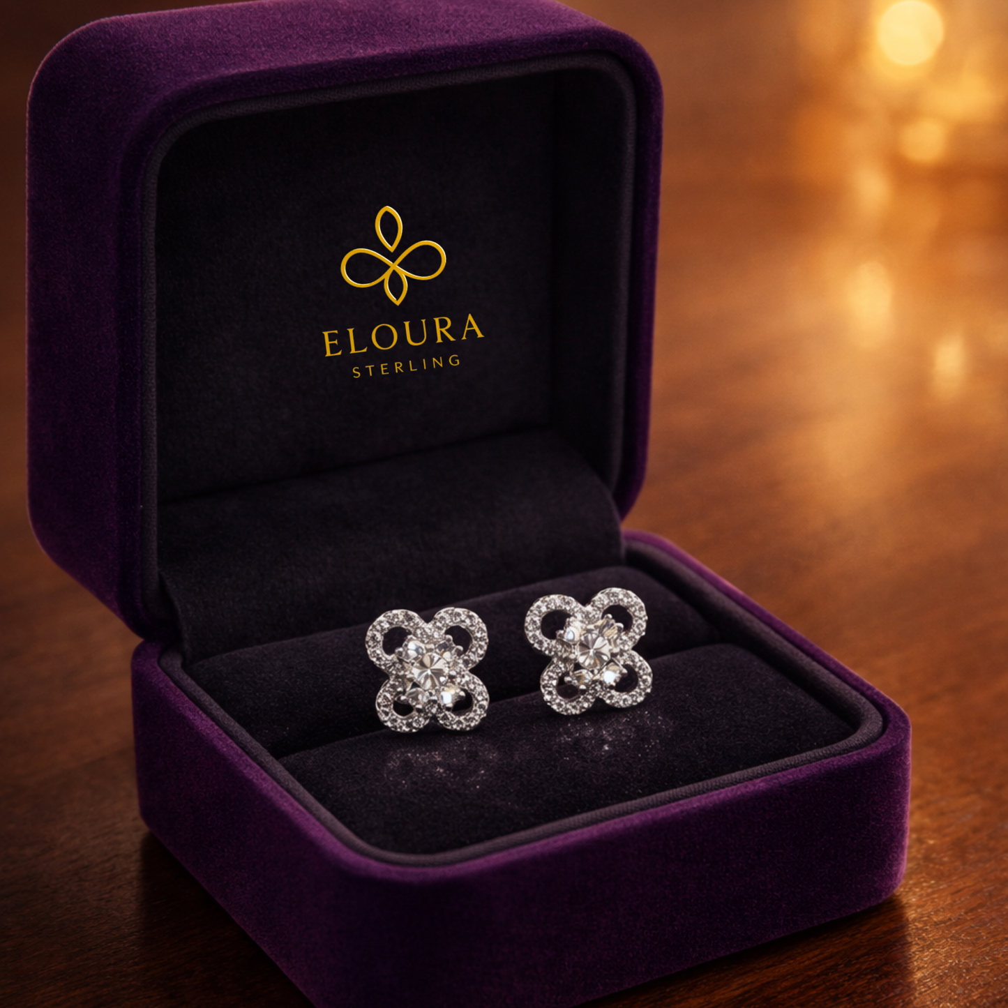 Silver floral clover CZ stud earrings in 925 sterling silver