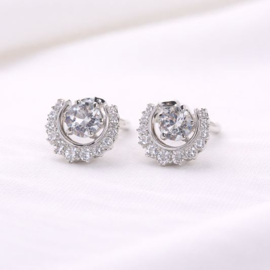 Silver halo round CZ stud earrings in 925 sterling silver