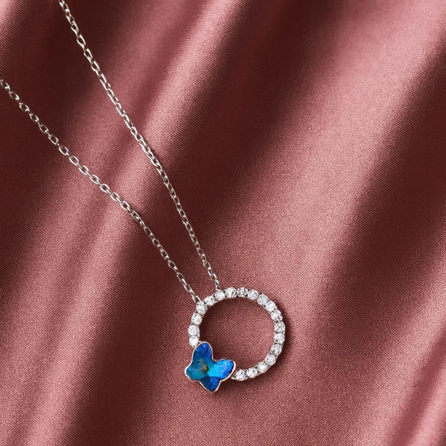 Blue Butterfly Halo 925 Sterling Silver Necklace for Women