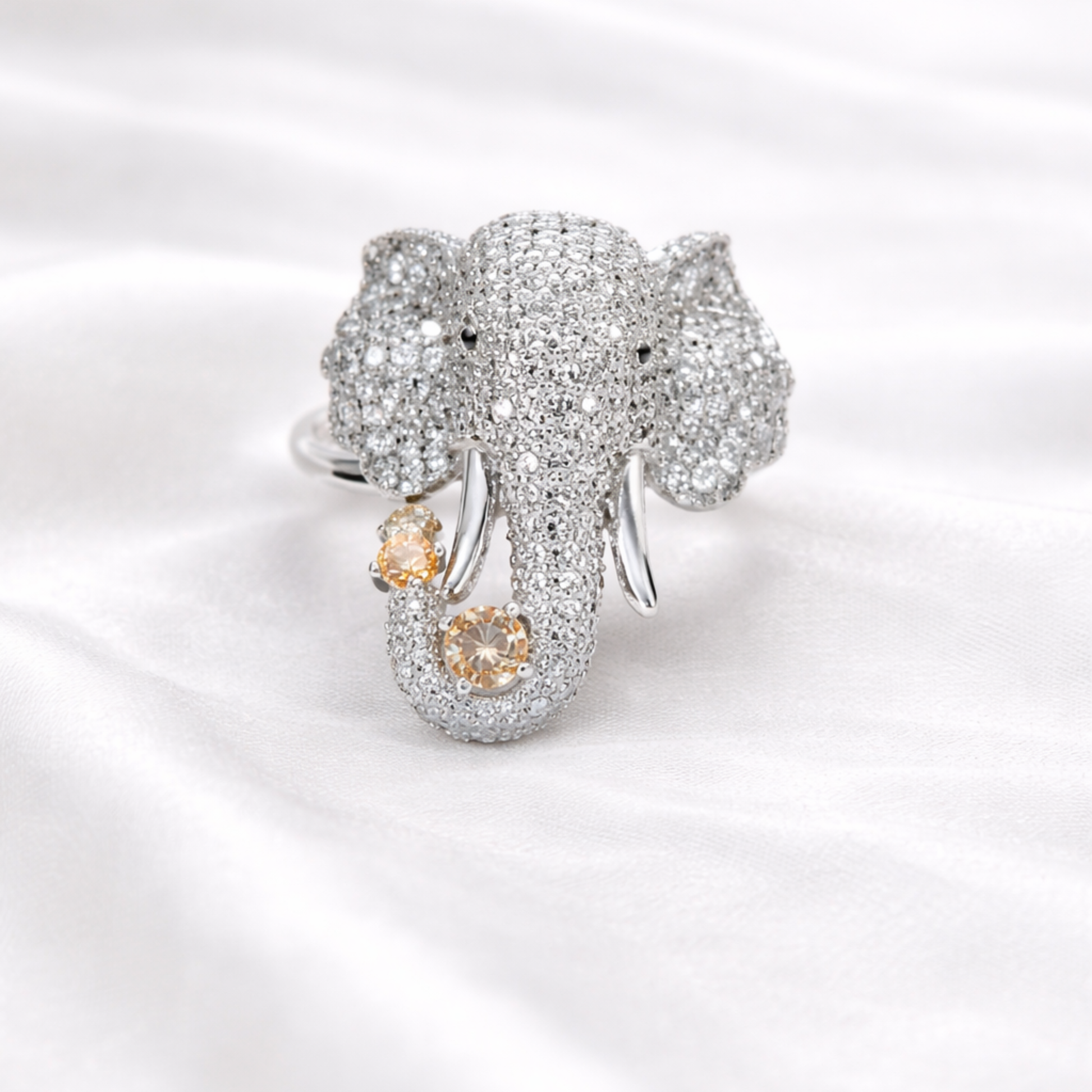 Silver elephant CZ statement ring in 925 sterling silver with pavé design