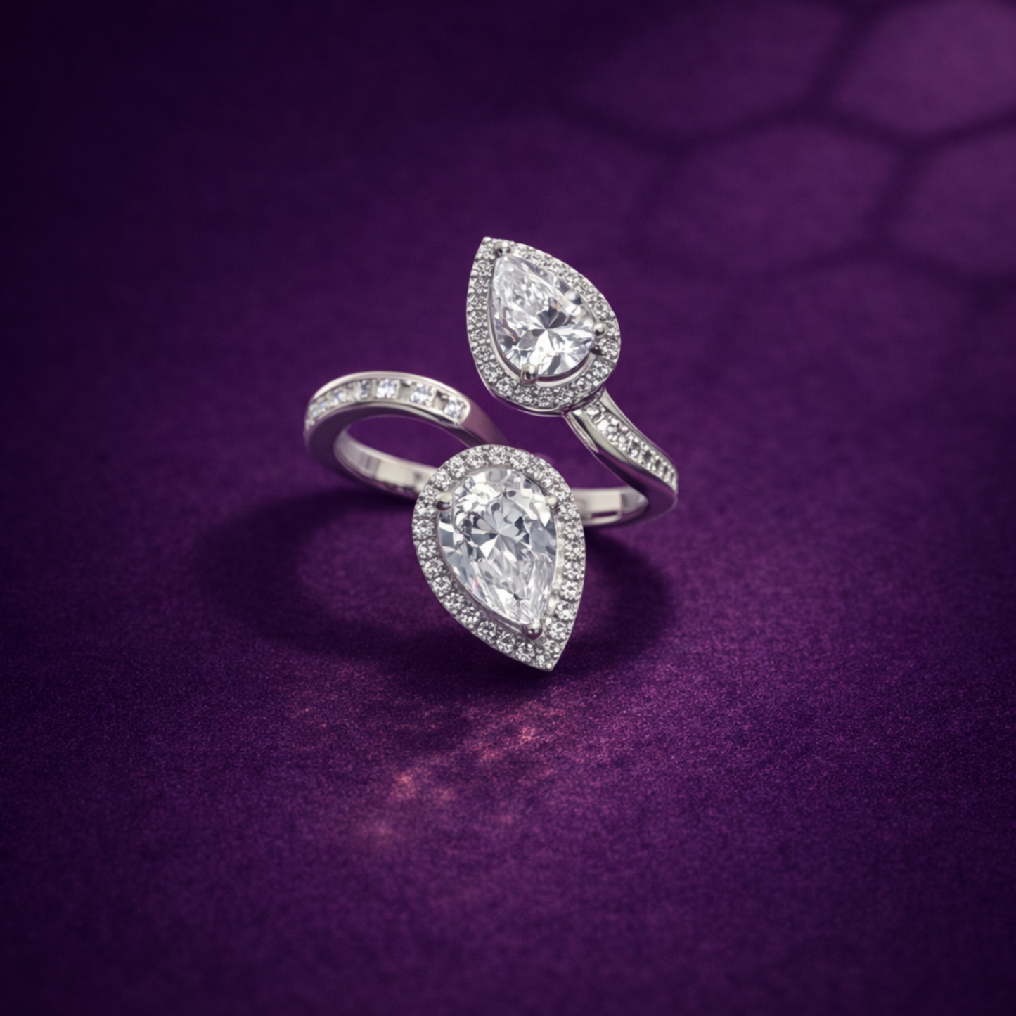 Silver double pear CZ ring in 925 sterling silver with halo design